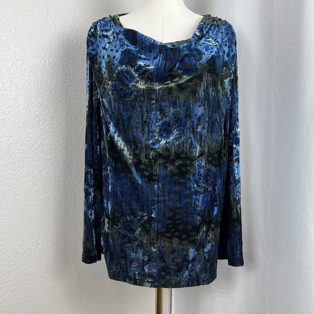 VTG Bonworth Top Womens XL Blue Floral Velvet Burnout‎ Sheer Cowl Neck Y2K Boho